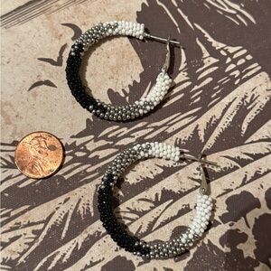 Black and White Beaded Hoop Earrings